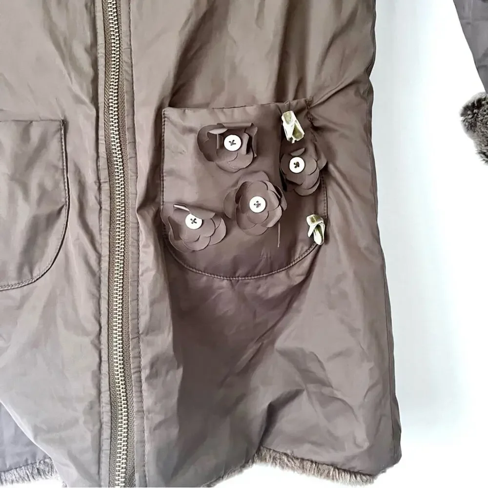 Lili Gaufrette girls long reversible winter coat faux fur jacket size 4